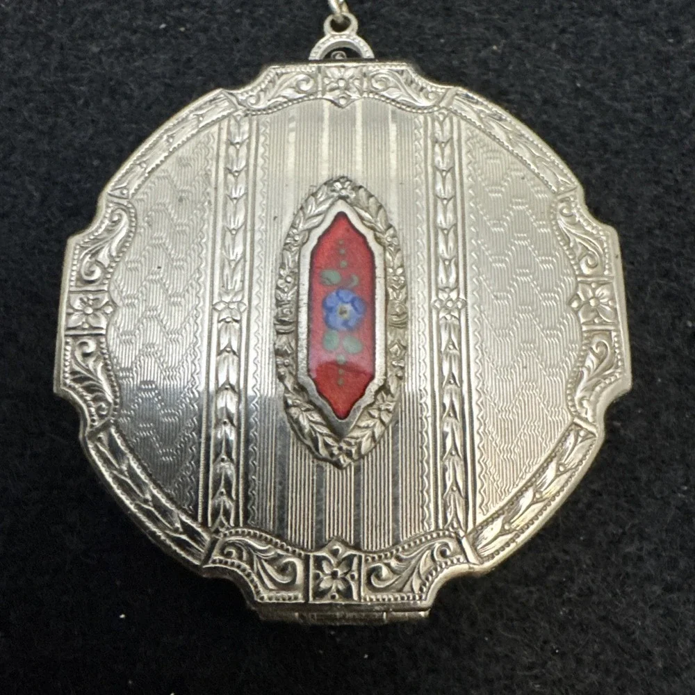 Antique Art Deco Silver Blue Guilloche Enamel Fob Chain Puff Dance Compact